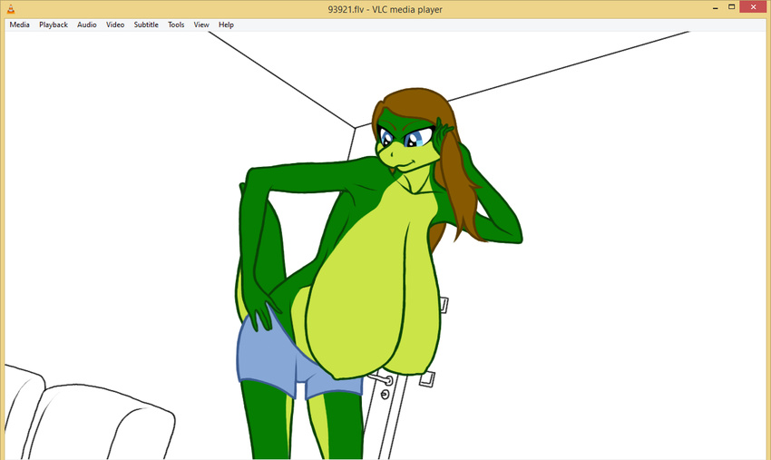 bent_over big_breasts blue_eyes breasts brown_hair clothed clothing female hair hanging_breasts huge_breasts lizard reptile samantha_brooks sarcolopter scalie simple_background solo topless