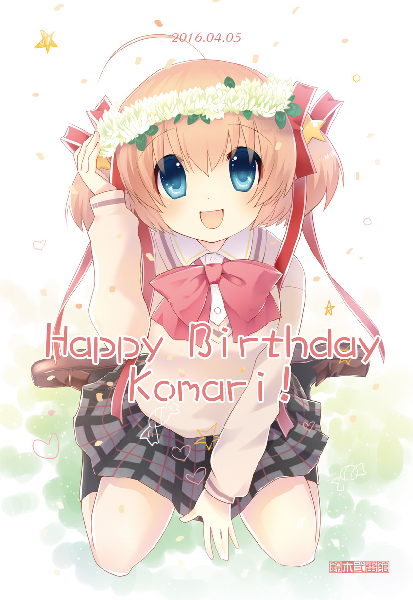 2016 blonde_hair blue_eyes character_name dated hair_ribbon happy_birthday highres kamikita_komari little_busters! remotaro ribbon school_uniform short_hair sitting smile solo twintails two_side_up wariza