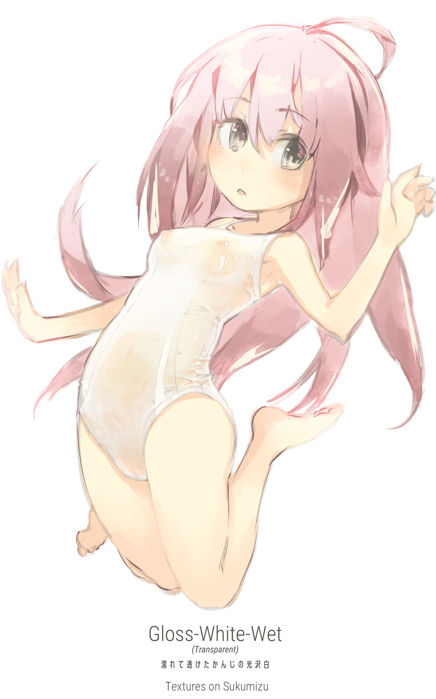 ahoge barefoot blush breasts brown_eyes covered_nipples highres jumping konno_takashi long_hair looking_at_viewer nipples one-piece_swimsuit open_mouth original pink_hair school_swimsuit see-through small_breasts solo swimsuit wet wet_clothes wet_swimsuit white_school_swimsuit white_swimsuit