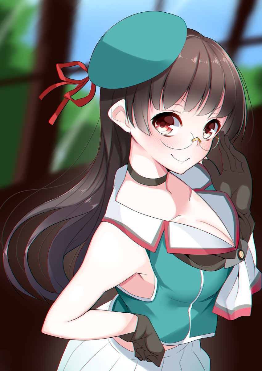 &gt;:) absurdres adjusting_eyewear armpits bangs bare_shoulders beret black_hair blunt_bangs blurry blurry_background blush breasts brown_gloves brown_hair choker choukai_(kantai_collection) chromatic_aberration cleavage closed_mouth collarbone collared_vest cowboy_shot from_side glasses gloves green_hat green_vest hand_on_hip hand_up hat hat_ribbon highres indoors kantai_collection large_breasts long_hair looking_at_viewer looking_to_the_side nebusoku neckerchief pleated_skirt red_eyes red_ribbon remodel_(kantai_collection) ribbon rimless_eyewear school_uniform serafuku skirt smile solo upper_body v-shaped_eyebrows very_long_hair vest white_skirt window