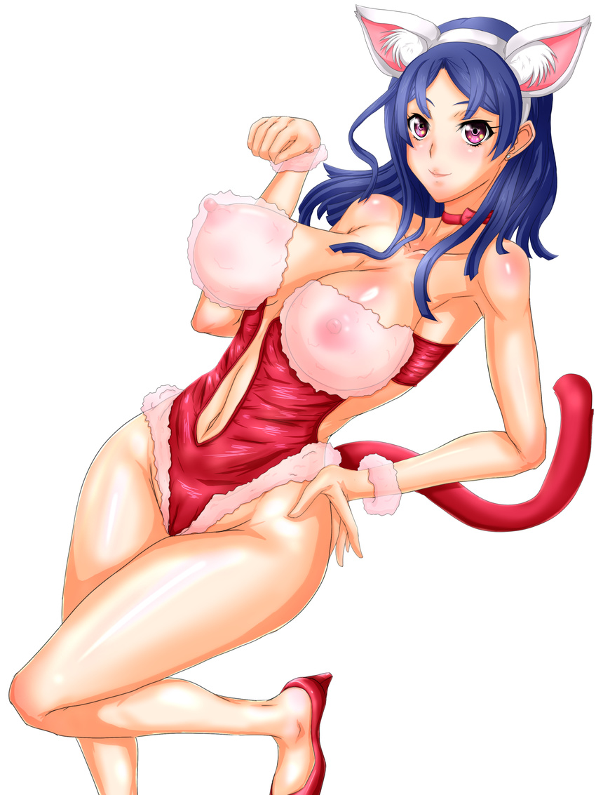 animal_humanoid big_breasts blue_hair blush breasts cat_humanoid clothed clothing erect_nipples feline hair humanoid mammal nipples pose purple_eyes sheer_clothing skimpy solo terakinoko tight_clothing translucent transparent_clothing