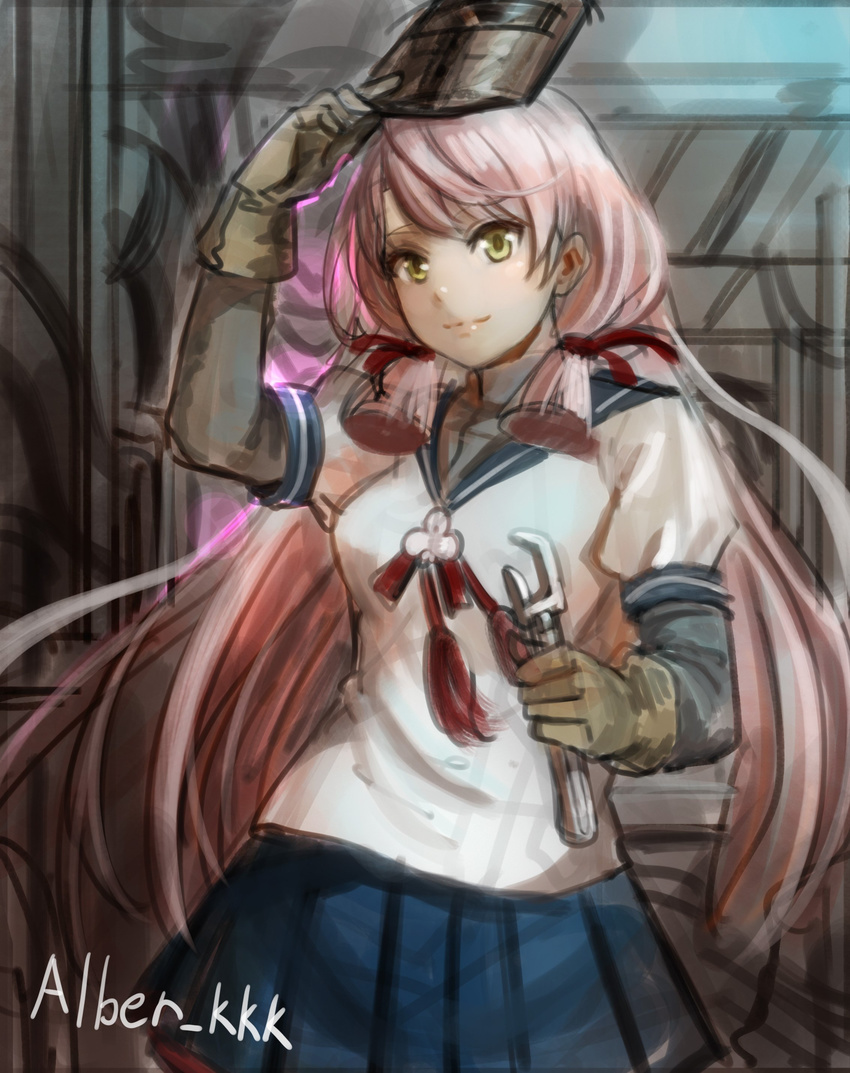 absurdres akashi_(kantai_collection) alber alber_kkk bandana blue_skirt gloves green_eyes hair_ribbon highres hip_vent kantai_collection long_hair long_sleeves looking_at_viewer pink_hair pleated_skirt ribbon school_uniform serafuku skirt smile solo thighhighs tress_ribbon welding_mask wrench