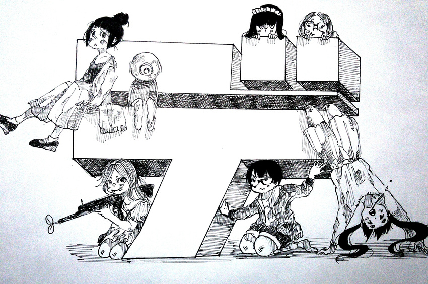 dead_dead_demons_de_dedede_destruction glasses greyscale isobeyan koyama_kadode monochrome multiple_girls nakagawa_ouran rin(dddd) tainuma_makoto takemoto_futaba tsushima_sora