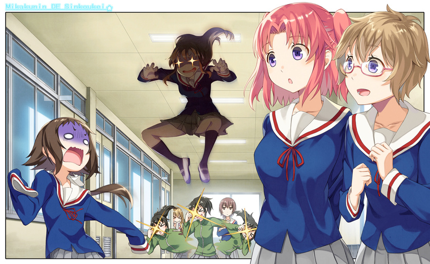 &gt;_&lt; 6+girls :d :o afterimage bad_id bad_pixiv_id bangs biting blank_eyes blonde_hair blue_eyes border brown_eyes brown_hair camera ceiling ceiling_light closed_eyes collarbone crossed_arms door drooling eyebrows eyebrows_visible_through_hair fleeing furrowed_eyebrows glass glasses grey_skirt hallway handkerchief holding holding_camera indoors jacket jumping kashima_nadeshiko kimura_(ykimu) kneehighs leaning_to_the_side lens_flare long_hair long_sleeves looking_at_another looking_back mikakunin_de_shinkoukei miniskirt mitsumine_mashiro momouchi_mayura motion_blur multiple_girls multiple_views neck_ribbon one_eye_covered one_side_up oono_niko open_mouth outstretched_arms parted_bangs pink_hair pleated_skirt ponytail pouncing purple_eyes red-framed_eyewear red_ribbon ribbon running scared school school_uniform semi-rimless_eyewear serafuku shoes short_hair siblings sisters skirt sleeves_past_wrists smile suetsugi_konoha taking_picture turn_pale under-rim_eyewear uwabaki wavy_mouth white_footwear window worried yonomori_benio yonomori_kobeni