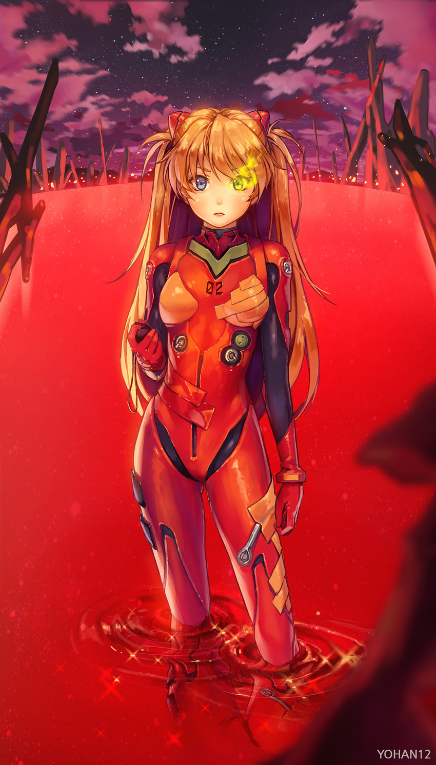 arm_at_side artist_name ass_visible_through_thighs bangs blue_eyes blurry bodysuit breasts closed_mouth cloud contrapposto depth_of_field evangelion:_3.0_you_can_(not)_redo eyepatch eyepatch_removed frown gloves glowing glowing_eye headgear heterochromia highres holding lcl long_hair looking_at_viewer neon_genesis_evangelion night night_sky number orange_hair outdoors pilot_suit plugsuit rebuild_of_evangelion reflection ripples serious shikinami_asuka_langley sky small_breasts solo souryuu_asuka_langley sparkle standing star_(sky) starry_sky tape turtleneck two_side_up very_long_hair wading yellow_eyes yohan12
