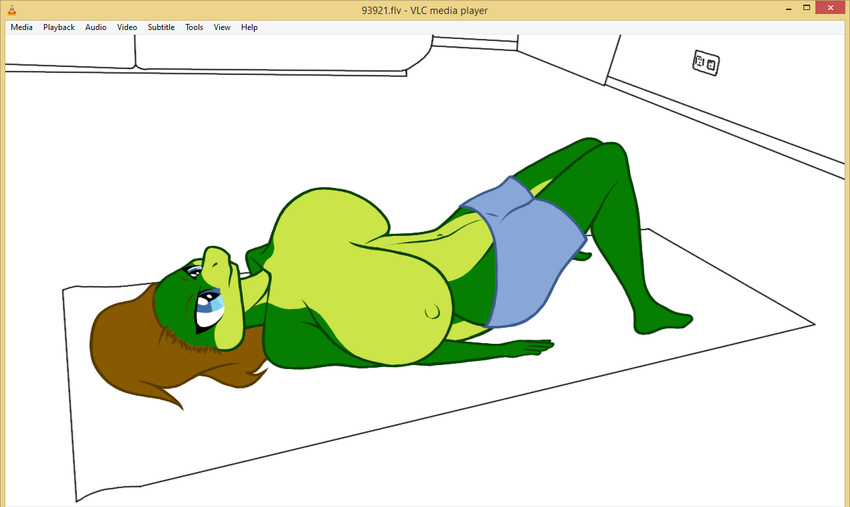 big_breasts blue_eyes breasts brown_hair clothed clothing female hair huge_breasts lizard lying on_back reptile samantha_brooks sarcolopter scalie simple_background solo topless