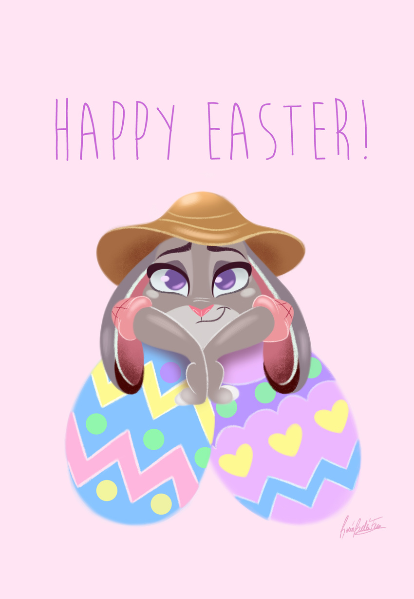 absurd_res cute disney easter easter_eggs female fur grey_fur hat hi_res holidays judy_hopps lagomorph long_ears mammal princess-beauty-case purple_eyes rabbit simple_background solo sun_hat sunhat zootopia