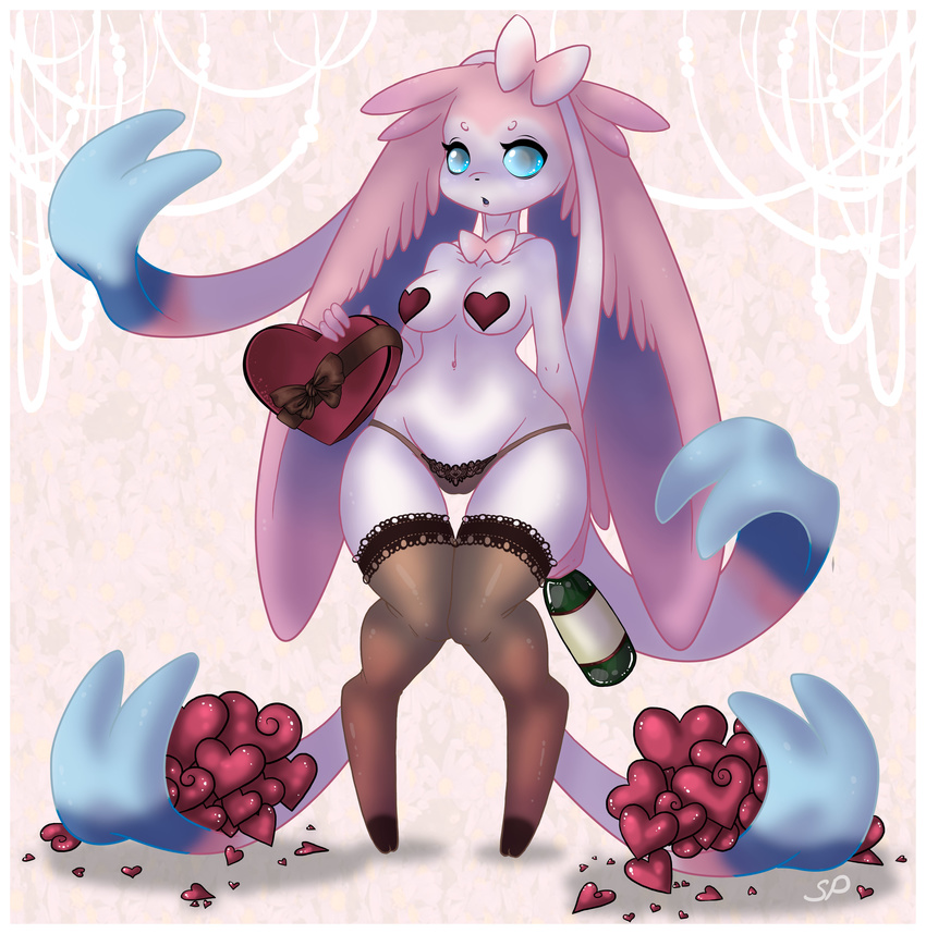 &lt;3 absurd_res anthro anthrofied areola beer_bottle beverage blue_eyes breasts canine cute drunk eeveelution female food fur hair_bow hair_ribbon hi_res holidays long_ears looking_at_viewer mammal nintendo pasties pok&eacute;mon pok&eacute;morph ribbons solo standing sylveon valentine's_day video_games white_fur x_squidpuke_x