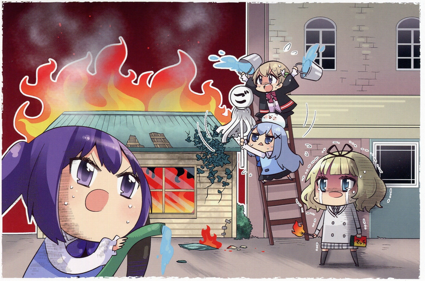 ai_mai_mii angora_rabbit animal animal_on_head arson black_legwear blonde_hair blue_eyes blue_hair blush bow brown_hair bucket building bunny bush chibi choborau_nyopomi end_card fire flame flying_sweatdrops gloom_(expression) gochuumon_wa_usagi_desu_ka? hair_ribbon highres holding hose hoto_cocoa house jitome kafuu_chino kirima_sharo ladder long_hair matchbox matches motion_lines multiple_girls on_head open_mouth outdoors outstretched_arms plaid plaid_skirt plant purple_eyes purple_hair rabbit_house_uniform ribbon school_uniform shoes skirt sleeves_past_wrists smoke socks standing sweat teardrop tedeza_rize tedeza_rize's_school_uniform thighhighs tippy_(gochiusa) trembling triangle_mouth twintails very_long_hair vines waitress water white_legwear window