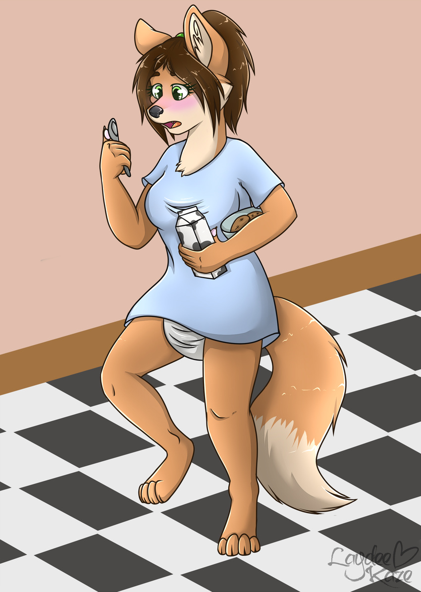 blush bowl brown_fur brown_hair canine carton diaper female food fox fur green_eyes hair jenny_(powhatan) laydeekaze mammal milk solo spoon