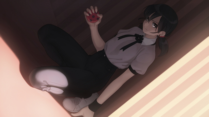 &gt;:) aconitea bad_id bad_pixiv_id ball black_hair black_ribbon brown_eyes buttons closed_mouth collared_shirt curtains day dress_shirt dutch_angle full_body hair_ribbon high-waist_pants highres holding holding_ball indoors low_twintails marinette_dupain-cheng miraculous_ladybug polka_dot puffy_short_sleeves puffy_sleeves red_ribbon ribbon serious shadow shirt shoes short_hair short_sleeves skin_tight smile solo spread_legs squatting sunlight sweatband twintails v-shaped_eyebrows white_footwear white_shirt