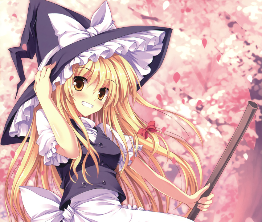 1girl black_dress black_outfit blonde_hair braids cherry_blossoms dress female gold_eyes hat kirisame_marisa long_hair solo tateha_(artist) touhou witch witch_hat