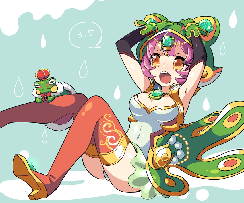 armpits blush boots breasts brooch cameo_(p&amp;d) cape circlet cleavage covered_navel covering_head crown dated frog frog_eyes gem gloves green_gloves high_heel_boots high_heels highres hood jewelry kozakura_(dictionary) leotard medium_breasts open_mouth orange_eyes purple_eyes puzzle_&amp;_dragons red_footwear short_hair sitting solo speech_bubble thigh_boots thighhighs waist_cape water_drop