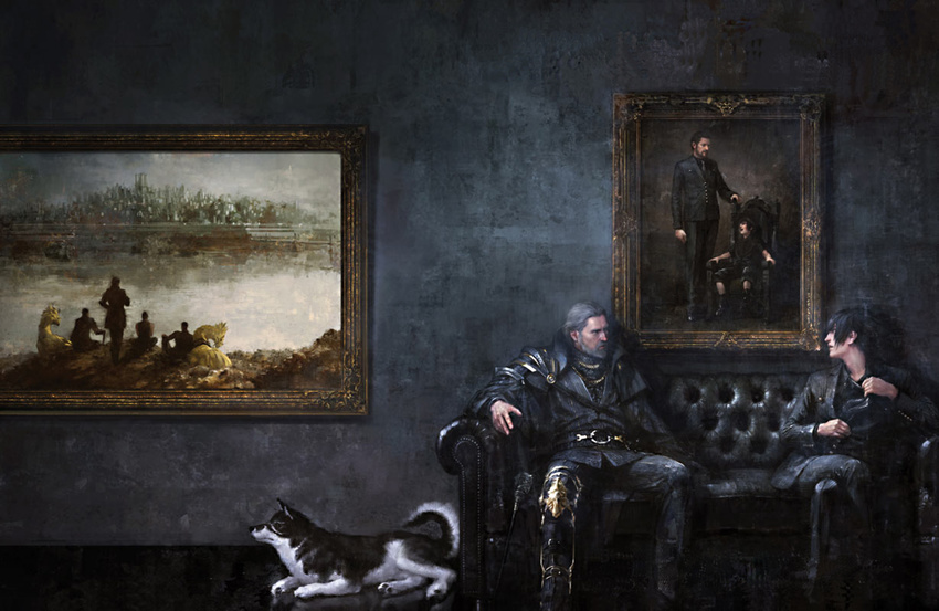 2boys age_progression beard cape chocobo couch father_and_son final_fantasy final_fantasy_xv grey_hair multiple_boys noctis_lucis_caelum official_art painting regis_lucis_caelum square_enix suit