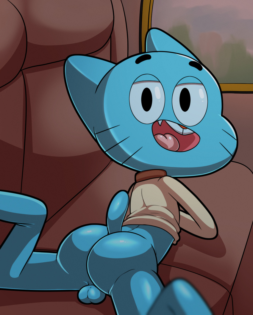 anthro backsack balls bottomless butt car cartoon_network cat clothed clothing cub feline gumball_watterson jerseydevil looking_at_viewer looking_back lying male mammal on_front open_mouth perineum perspective raised_tail solo the_amazing_world_of_gumball vehicle young