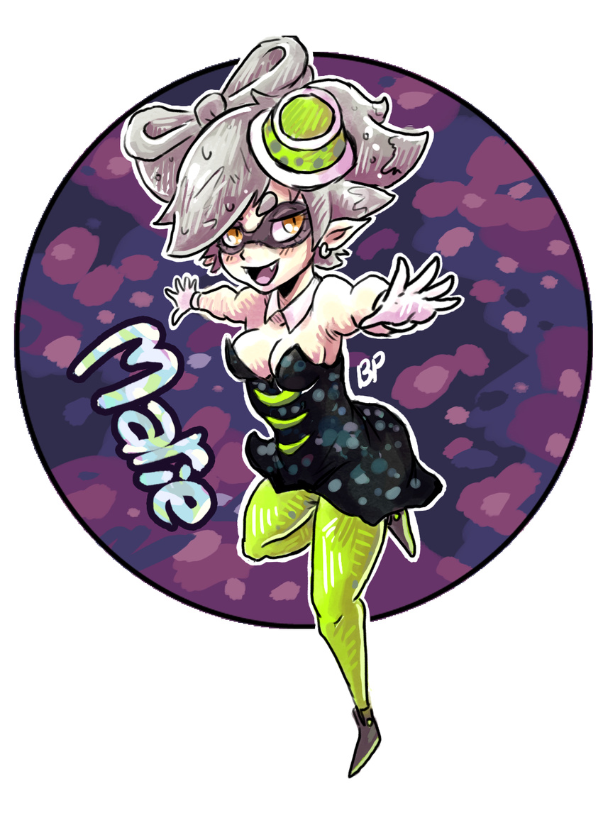 1girl bare_shoulders breasts cleavage domino_mask earrings food food_on_head grey_hair hotaru_(splatoon) jewelry object_on_head solo splatoon sushi swamitsunami white_gloves white_hair yellow_eyes