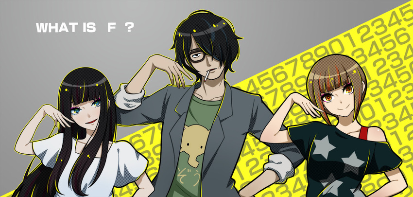 2girls bangs black_hair blue_eyes blunt_bangs bob_cut brown_eyes brown_hair cigarette eyelashes glasses hand_on_hip jacket long_hair looking_at_viewer magata_shiki multiple_girls nishinosono_moe off-shoulder_shirt parted_lips pose ram_(ramlabo) saikawa_souhei shirt smile subete_ga_f_ni_naru upper_body