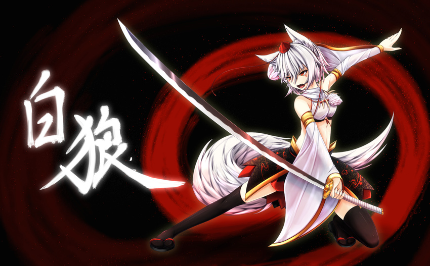 animal_ears bare_shoulders black_legwear detached_sleeves fangs hat highres inubashiri_momiji inyuppo midriff open_mouth pom_pom_(clothes) red_eyes short_hair silver_hair solo sword tail thighhighs tokin_hat touhou weapon wolf_ears wolf_tail