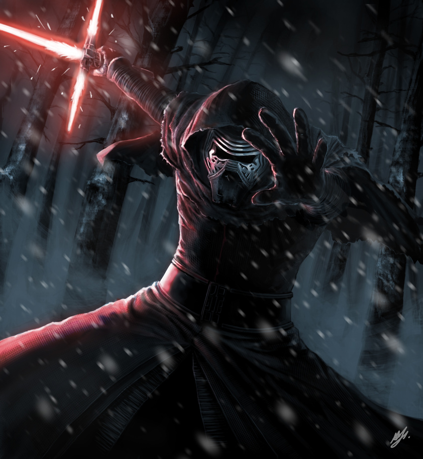 blizzard cloak energy_sword first_order forest gloves helmet highres holding holding_sword holding_weapon hood hooded_cloak kylo_ren lightsaber long_sleeves looking_at_viewer male_focus mask nature outstretched_arms plant realistic rednecksamura1 science_fiction snow solo star_wars star_wars:_the_force_awakens starkiller_base sword tree weapon