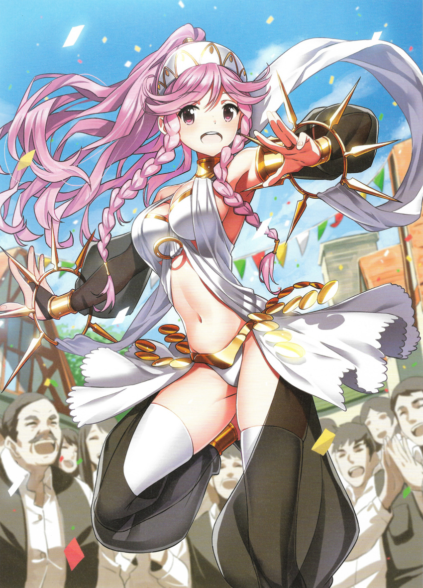 armpits bare_shoulders belt blue_sky braid breasts cleavage confetti crowd dancing day detached_sleeves fire_emblem fire_emblem:_kakusei fire_emblem_cipher gloves hairband highres leg_up long_hair medium_breasts midriff navel official_art olivia_(fire_emblem) open_mouth outdoors pink_hair ponytail saitou_masatsugu sky solo_focus thighhighs twin_braids white_legwear wrist_cuffs