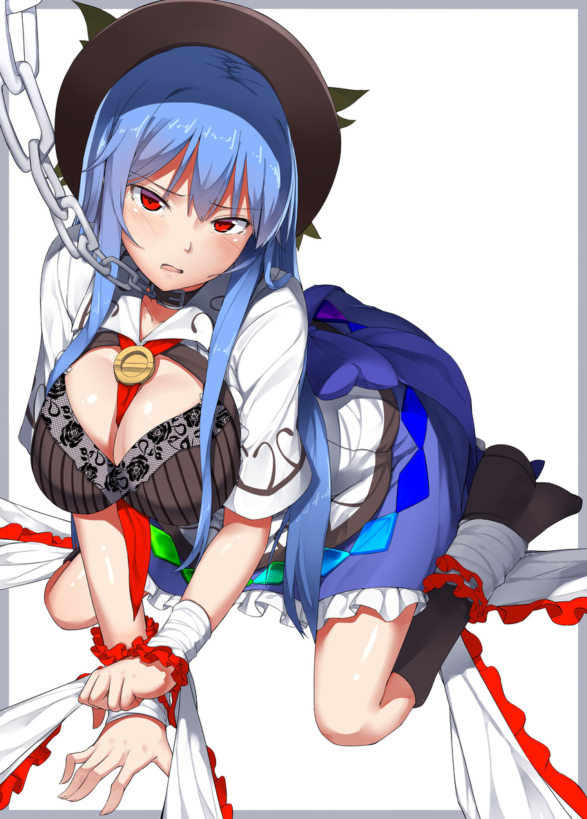 :o absurdres all_fours bdsm between_breasts black_bra black_hat blue_hair blue_skirt blush bondage boots bound bowler_hat bra breasts brown_footwear buckle chain cleavage collar dog_collar frills full_body hanging_breasts hat head_tilt highres hinanawi_tenshi knee_boots large_breasts long_hair looking_at_viewer necktie necktie_between_breasts neropaso open_mouth rainbow_order red_eyes red_neckwear restrained shawl shirt sidelocks skirt solo sweat sweatdrop teardrop tears touhou tsurime underwear white_shirt