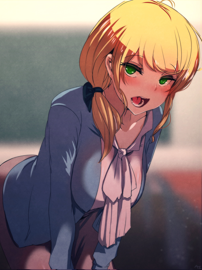:o absurdres ahoge artist_name at2. bent_over black_skirt blonde_hair blue_bow blue_jacket blurry blurry_background blush bow breasts chalkboard classroom collarbone collared_shirt cowboy_shot desk ellen_baker green_eyes hair_bow hair_over_shoulder hanging_breasts highres indoors jacket large_breasts long_sleeves low_ponytail new_horizon open_mouth pencil_skirt ribbon school_desk see-through shirt sidelocks skirt solo standing table teeth tongue white_ribbon white_shirt