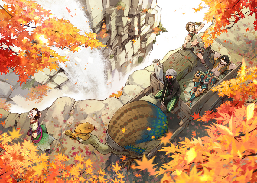 :o arm_pillow arm_support armor arms_up aromahot autumn_leaves black_hair boots box brown_hair carriage cart creature crop_top crossover eoheoh falling_leaves fb777 from_above fuse_ryuuta gargwa hands_on_hips japanese_clothes kikkun-mk-ii leaf long_sleeves looking_at_viewer lying m.s.s_project male_focus maple_leaf midriff monster_hunter motion_blur multiple_boys on_back oni_mask outdoors pants pullcart scales scroll shading_eyes short_sleeves shorts sitting smile stick sunglasses sunlight tree turtle v_arms water waterfall wooden_box zinogre_(armor)