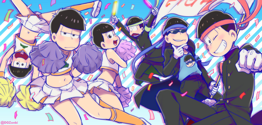 ;3 black_hair brothers brown_eyes cheerleader chin_stroking confetti crossdressing gakuran gloves glowstick grin headband heart heart_in_mouth kl male_focus matsuno_choromatsu matsuno_ichimatsu matsuno_juushimatsu matsuno_karamatsu matsuno_osomatsu matsuno_todomatsu multiple_boys one_eye_closed open_mouth osomatsu-kun osomatsu-san ouendan pleated_skirt pom_poms school_uniform sextuplets siblings skirt smile sunglasses white_gloves