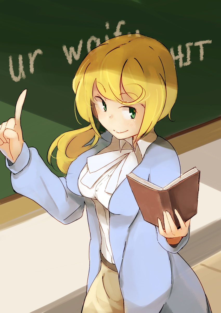 absurdres black_scrunchie blonde_hair book breasts caucasian chalkboard ellen_baker english green_eyes hair_ornament hair_scrunchie highres kion-kun large_breasts long_hair low_ponytail mai_waifu meme new_horizon non-asian profanity scrunchie smile solo