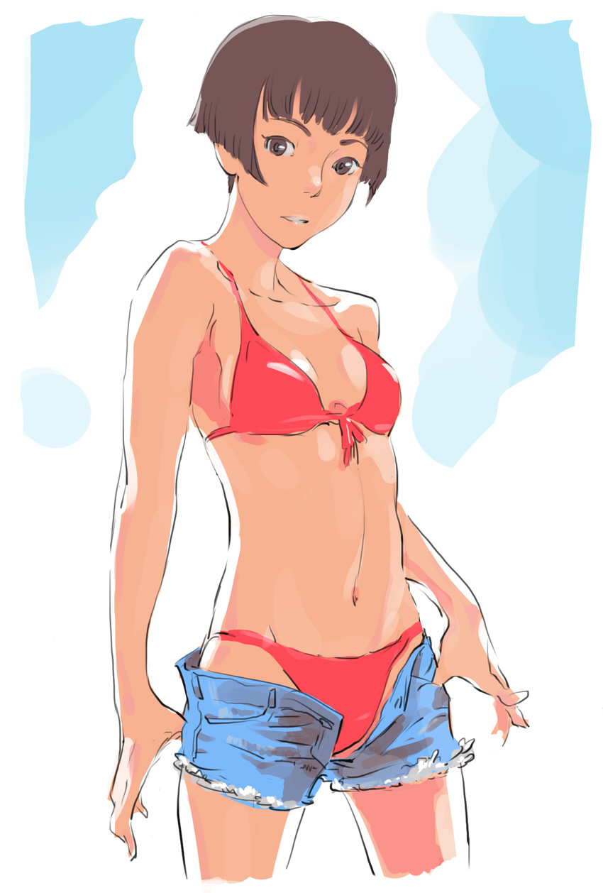 bikini breasts brown_eyes brown_hair cropped_legs cutoffs denim denim_shorts front-tie_top gake_no_ue_no_ponyo highres lisa_(ponyo) looking_at_viewer navel open_clothes open_fly open_shorts parted_lips red_bikini short_hair short_shorts shorts sketch small_breasts solo standing swimsuit tombiiwa