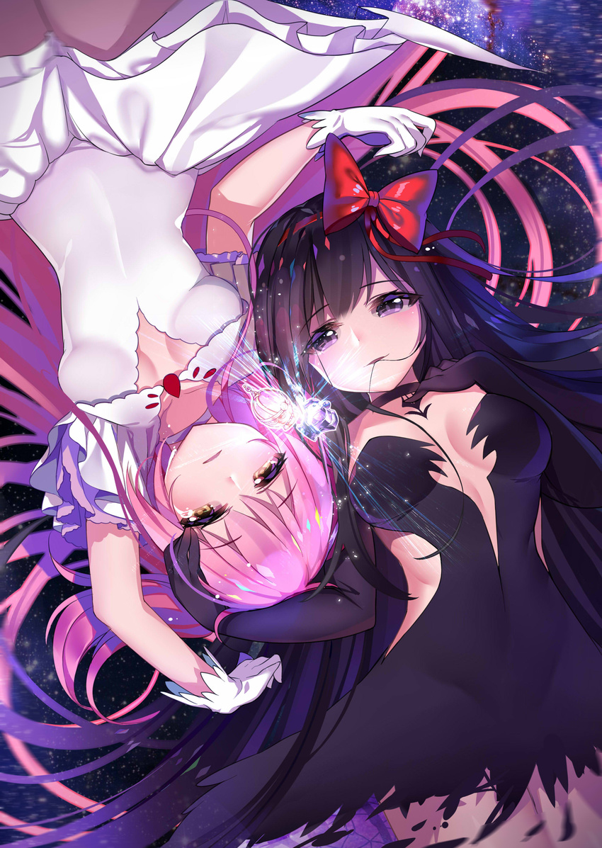 absurdres akemi_homura akuma_homura arm_up bangs bare_shoulders black_dress black_gloves black_hair blurry bow breasts choker closed_mouth commentary cowboy_shot crying dark_orb_(madoka_magica) depth_of_field dress english_commentary eyebrows_visible_through_hair feathers gendo0032 gloves glowing hair_bow hair_in_mouth hair_ribbon hairband hand_on_another's_head highres kaname_madoka long_hair looking_at_viewer magical_girl mahou_shoujo_madoka_magica mahou_shoujo_madoka_magica_movie medium_breasts multiple_girls parted_lips pink_hair purple_eyes purple_hair red_bow red_hairband red_ribbon ribbon rotational_symmetry soul_gem space spoilers strapless streaming_tears tears two_side_up ultimate_madoka upside-down very_long_hair white_dress white_gloves wide_sleeves yellow_eyes yuri
