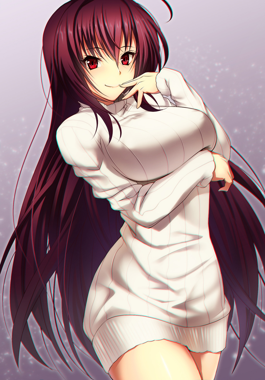 ahoge breast_hold breasts chromatic_aberration closed_mouth cowboy_shot dress emanon123 fate/grand_order fate_(series) finger_to_mouth highres large_breasts long_hair long_sleeves looking_at_viewer purple_hair red_eyes ribbed_sweater scathach_(fate)_(all) scathach_(fate/grand_order) shiny shiny_skin smile solo standing sweater sweater_dress thighs very_long_hair
