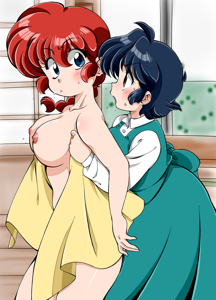 absurdres blue_hair blush braid breasts closed_mouth commentary_request fuurinkan_high_school_uniform genderswap genderswap_(mtf) highres indoors large_breasts multiple_girls nipples nude open_mouth ranma-chan ranma_1/2 red_hair saotome_ranma school_uniform single_braid suzusato_rinka sweat tendou_akane towel turning_head