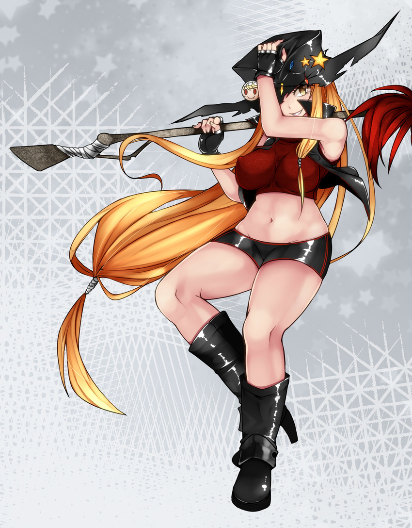alternate_costume aoshima bare_arms bare_shoulders black_gloves blonde_hair boots breasts commentary covered_nipples crop_top fingerless_gloves full_body gloves hat high_heel_boots high_heels highres impossible_clothes kirisame_marisa large_breasts legs long_hair looking_at_viewer low-tied_long_hair midriff navel open_clothes open_vest polearm short_shorts shorts smile solo stomach thighs touhou very_long_hair vest weapon yellow_eyes
