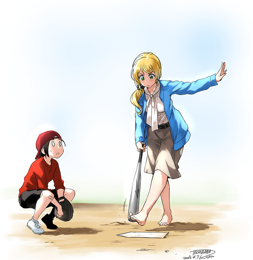 1boy 1girl 2016 artist_name backwards_hat bandaid bandaid_on_knee barefoot baseball_bat baseball_mitt belt black_hair black_scrunchie black_shorts blonde_hair blue_jacket buckle caucasian character_request collarbone commentary_request dated ellen_baker full_body green_eyes grey_skirt hair_ornament hair_over_shoulder hair_scrunchie hat highres holding jacket long_hair long_sleeves looking_down low_ponytail motion_lines new_horizon non-asian open_clothes open_jacket pencil_skirt red_sweater scrunchie shade shirt shoelaces shoes short_hair shorts skirt sneakers squatting sunlight sweater tachibana_roku tareme toes walking white_footwear white_shirt