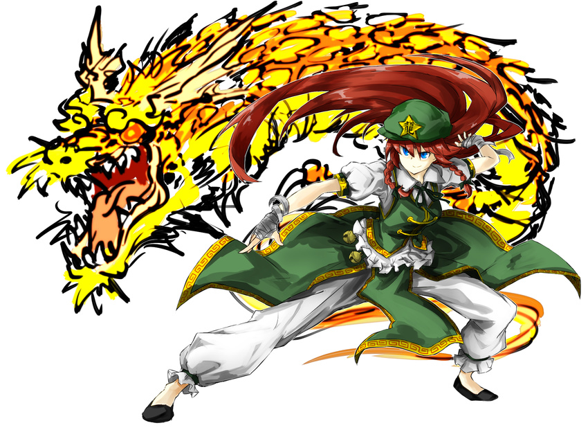 bad_id bad_pixiv_id bandages beret blue_eyes braid chinese_clothes dragon eastern_dragon fighting_stance full_body hair_ribbon hand_wraps hat highres hong_meiling kan_(aaaaari35) long_hair pants pose puffy_short_sleeves puffy_sleeves red_hair ribbon shoes short_sleeves smile solo star touhou twin_braids white_background wing_collar