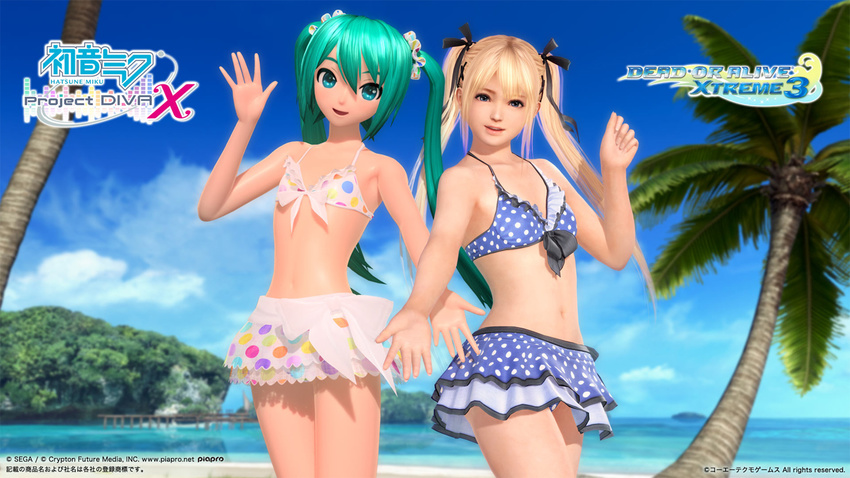 3d aqua_eyes aqua_hair beach bikini bikini_skirt blonde_hair breasts copyright_name crossover day dead_or_alive dead_or_alive_xtreme flat_chest hair_ribbon hatsune_miku long_hair looking_at_viewer marie_rose multiple_girls navel official_art open_mouth outstretched_hand palm_tree ribbon scrunchie small_breasts smile swimsuit tree twintails vocaloid wallpaper watermark waving web_address