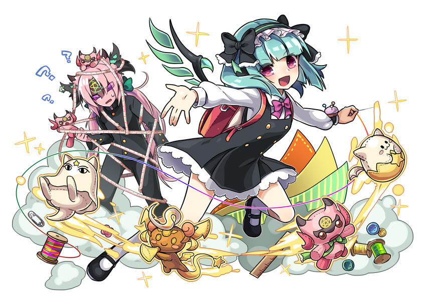 1girl ? astaroth_(p&amp;d) backpack bag bow buttons cauchemar_(p&amp;d) character_doll demon demon_girl dress dust fabric green_hair hairband highres holding_needle horns kozakura_(dictionary) long_hair looking_at_viewer mary_janes medjedra needle open_mouth pentagram pink_hair purple_eyes puzzle_&amp;_dragons ruler safety_pin sewing_needle shoes short_hair shynpy spool sweatdrop tamadra tape_measure thread twintails wings