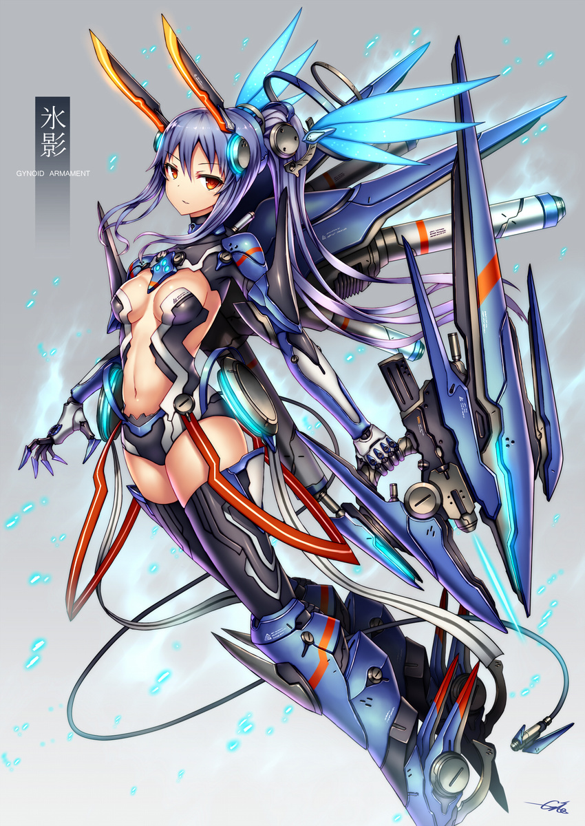 breasts cleavage gia headgear highres long_hair mecha_musume medium_breasts original purple_hair red_eyes solo tail thighhighs weapon