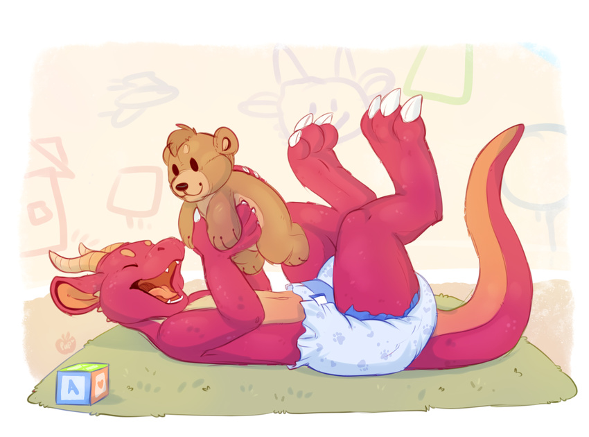 anthro applepup block claws cub cute diaper dragon eyes_closed happy horn lying male open_mouth red_scales rug scales solo teddy_bear teeth tongue young