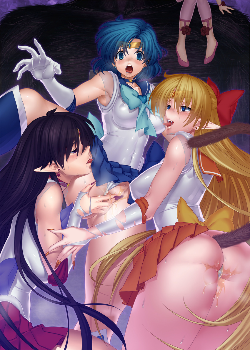 absurdres aino_minako amazons_quartet ass bishoujo_senshi_sailor_moon blue_skirt bow breasts castella cat_tail cerecere_(sailor_moon) covered_nipples fingering hair_bow highres hino_rei inner_senshi large_breasts leggings mizuno_ami multiple_girls nail_polish open_mouth orange_skirt panties panties_aside pleated_skirt pointy_ears pussy pussy_juice red_bow sailor_mars sailor_mercury sailor_venus saliva skirt tail tongue tongue_out underwear yuri