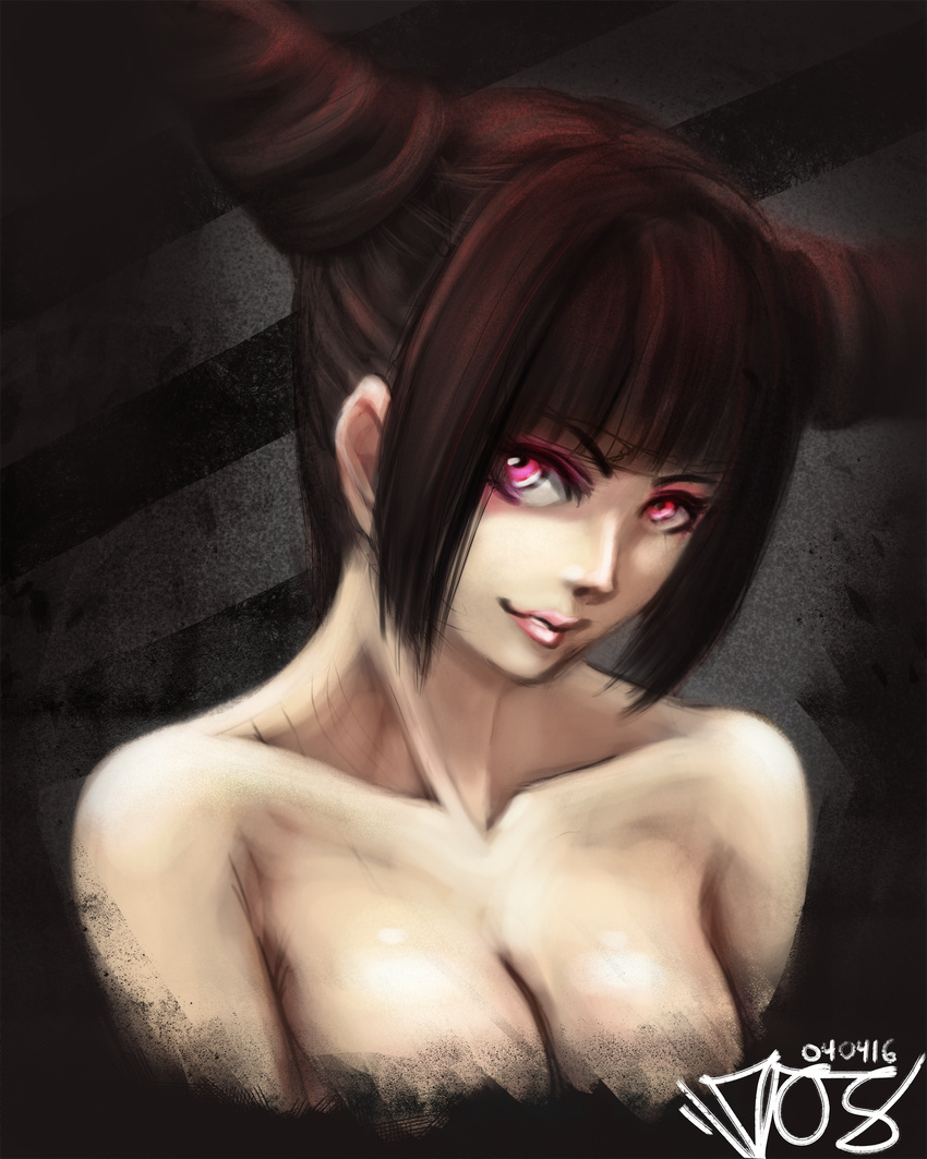 breasts capcom cleavage han_juri large_breasts purple_eyes short_hair street_fighter_iv super_street_fighter_iv teeth twin_drills