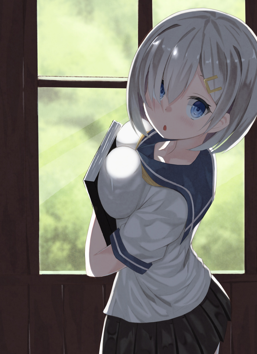 bad_id bad_nicoseiga_id blue_eyes breast_press breasts hair_ornament hair_over_one_eye hairclip hamakaze_(kantai_collection) highres kanikou kantai_collection large_breasts school_uniform serafuku short_hair short_sleeves silver_hair skirt solo