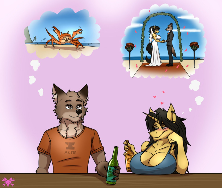 &lt;3 acme amber_steel anthro anvil arthropod big_breasts black_hair blush breasts canid canine canis cleavage clothed clothing coyote crab crustacean duo equine female flynt_havock hair holidays horn male mammal marine meme metalfoxxx rave romantic unicorn valentine's_day wedding