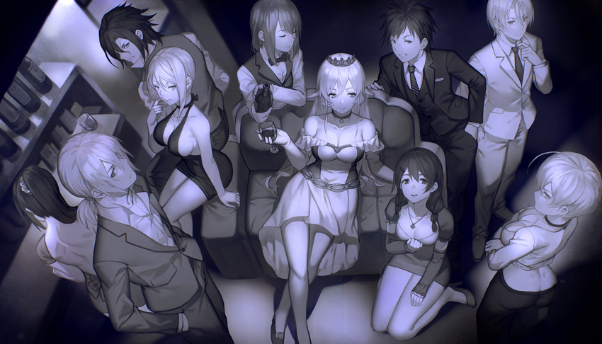 6+girls absurdres adjusting_collar ahoge alcohol arato_hisako armchair ass back bangs bar bare_back bare_shoulders bottle bow bowtie braid breast_hold breasts chair choker cleavage closed_eyes closed_mouth collarbone cousins covered_nipples crop_top crossed_arms crossed_legs cup cupping_glass detached_sleeves dress drinking_glass elbow_gloves formal frilled_sleeves frills from_above gloves grin hair_ornament hair_over_shoulder hair_scrunchie hairclip halterneck hand_in_pocket hands_in_pockets hayama_akira high_heels highres indoors jacket jewelry kurokiba_ryou leaning_to_the_side long_hair long_sleeves low_ponytail medium_breasts mito_ikumi monochrome multiple_boys multiple_girls nakiri_alice nakiri_erina necklace necktie off-shoulder_dress off_shoulder on_ground pants pendant pouring puffy_short_sleeves puffy_sleeves ring scar scrunchie shiomi_jun shokugeki_no_souma short_dress short_hair short_sleeves sideboob sitting sleeveless sleeveless_dress smile standing striped striped_neckwear suit tadokoro_megumi takumi_aldini tiara twin_braids twintails vest waitress wariza wine wine_bottle wine_glass yukihira_souma yykuaixian