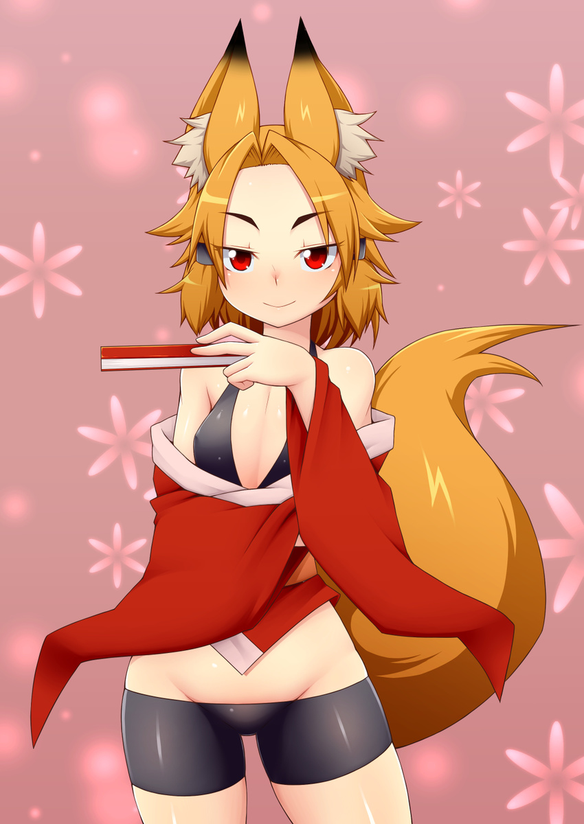 abstract_background animal_humanoid blush canine clothed clothing female fox fox_humanoid fox_tail hair humanoid japanese_clothing kimono looking_at_viewer mammal orange_hair pose red_eyes skimpy smile solo tight_clothing zin0929