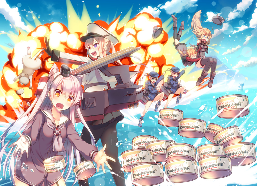 bismarck_(kantai_collection) blonde_hair blue_eyes brown_eyes brown_hair can canned_food cat cat_food dress explosion gloves graf_zeppelin_(kantai_collection) hat kantai_collection long_hair peaked_cap prinz_eugen_(kantai_collection) sailor_dress short_hair silver_hair smile tahya twintails two_side_up uniform z1_leberecht_maass_(kantai_collection) z3_max_schultz_(kantai_collection)
