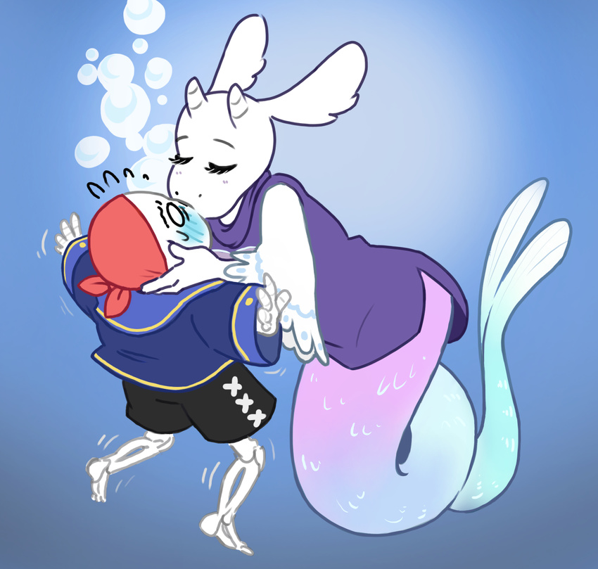 animated_skeleton bandanna blush bone bubble caprine clothed clothing female hades horn kissing male mammal marine merfolk sans_(undertale) skeleton toriel undead undertale underwater video_games water