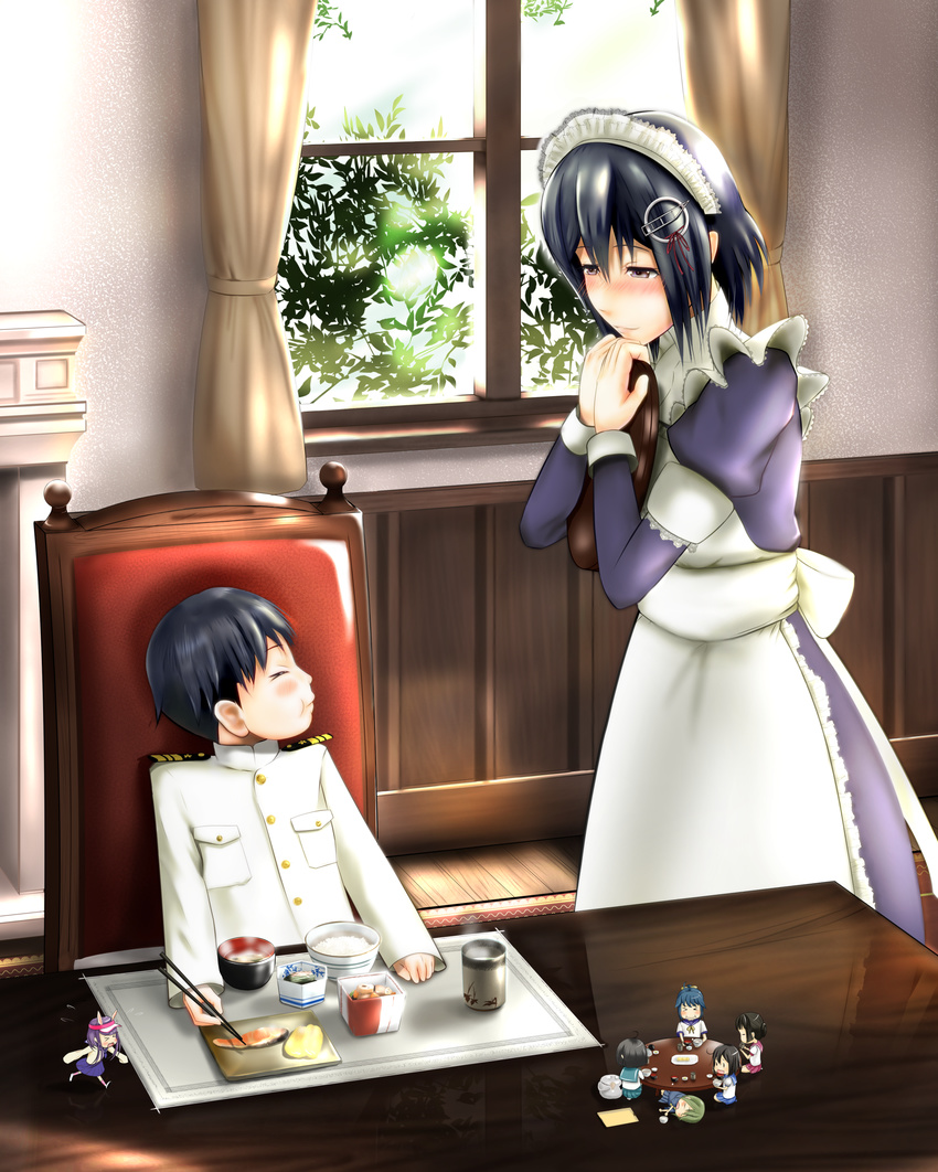 &gt;_&lt; 20.3cm_twin_gun_mount 6+girls 61cm_quadruple_(oxygen)_torpedo_mount :i absurdres ahoge alternate_costume apron black_hair blue_hair blush bowl brown_eyes buttons chair closed_eyes cup desk dress eating enmaided fairy_(kantai_collection) fish food frills green_hair haguro_(kantai_collection) hair_ornament hair_ribbon highres holding holding_tray kantai_collection kauchoro_(namikazemakase) little_boy_admiral_(kantai_collection) long_hair long_skirt long_sleeves look-alike maid maid_apron maid_headdress military military_uniform minigirl multiple_girls open_mouth pleated_skirt puffy_long_sleeves puffy_sleeves purple_hair ribbon rice school_uniform serafuku short_hair skirt smile steam tray type_0_reconnaissance_seaplane uniform window yunomi