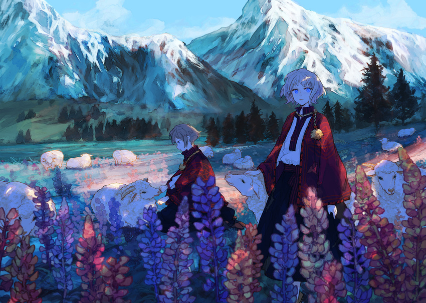 androgynous animal blue_eyes commentary_request day flock flower from_side grass highres kneeling lupinus_(flower) mountain multiple_girls nature original outdoors petting profile scenery sheep sky standing sumi_(pixiv619693) tree